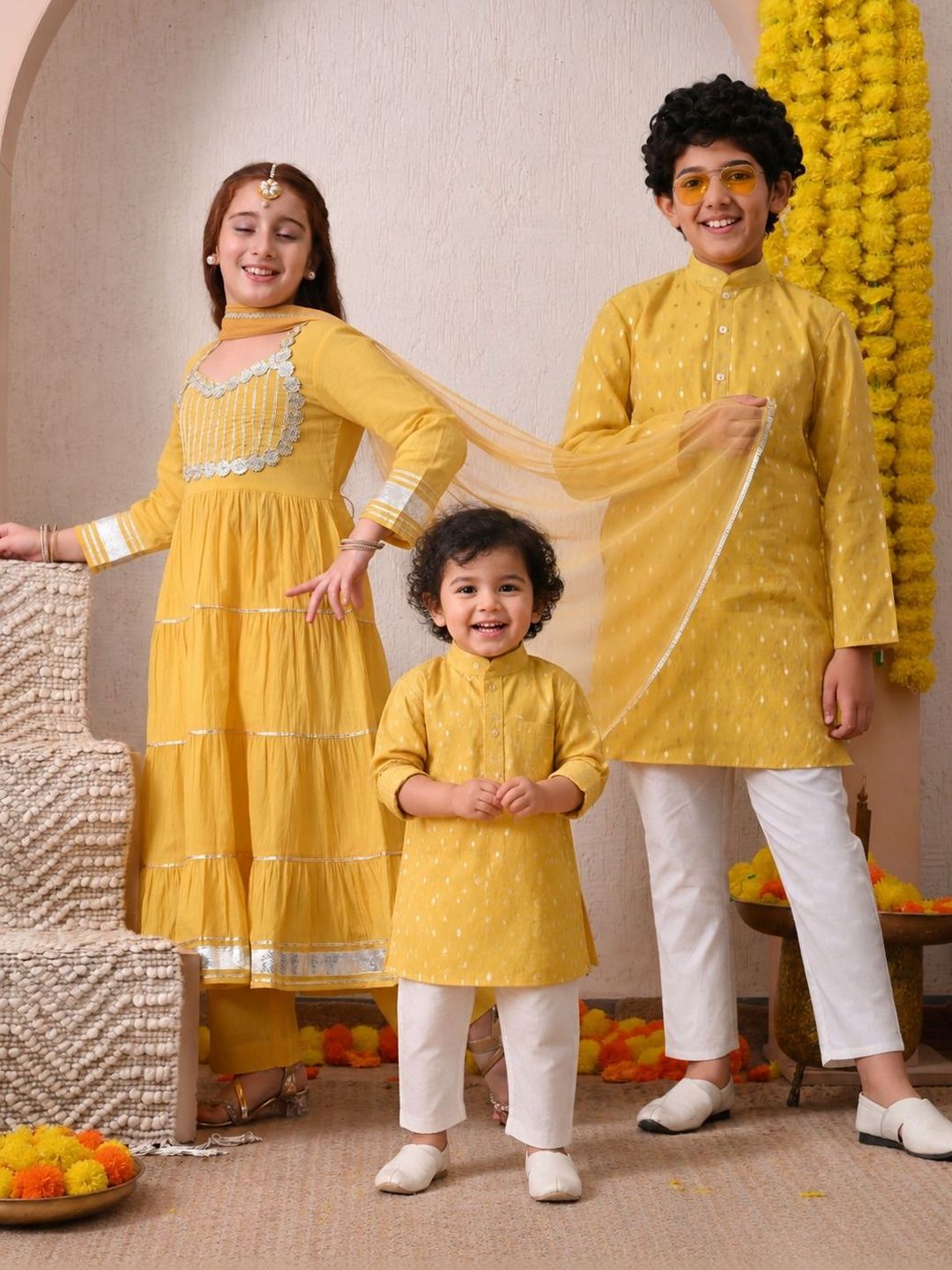 Indi Loom Couture Boys Yellow Chanderi Booti Ethnic Kurta with White Pajama Set ILBKS13