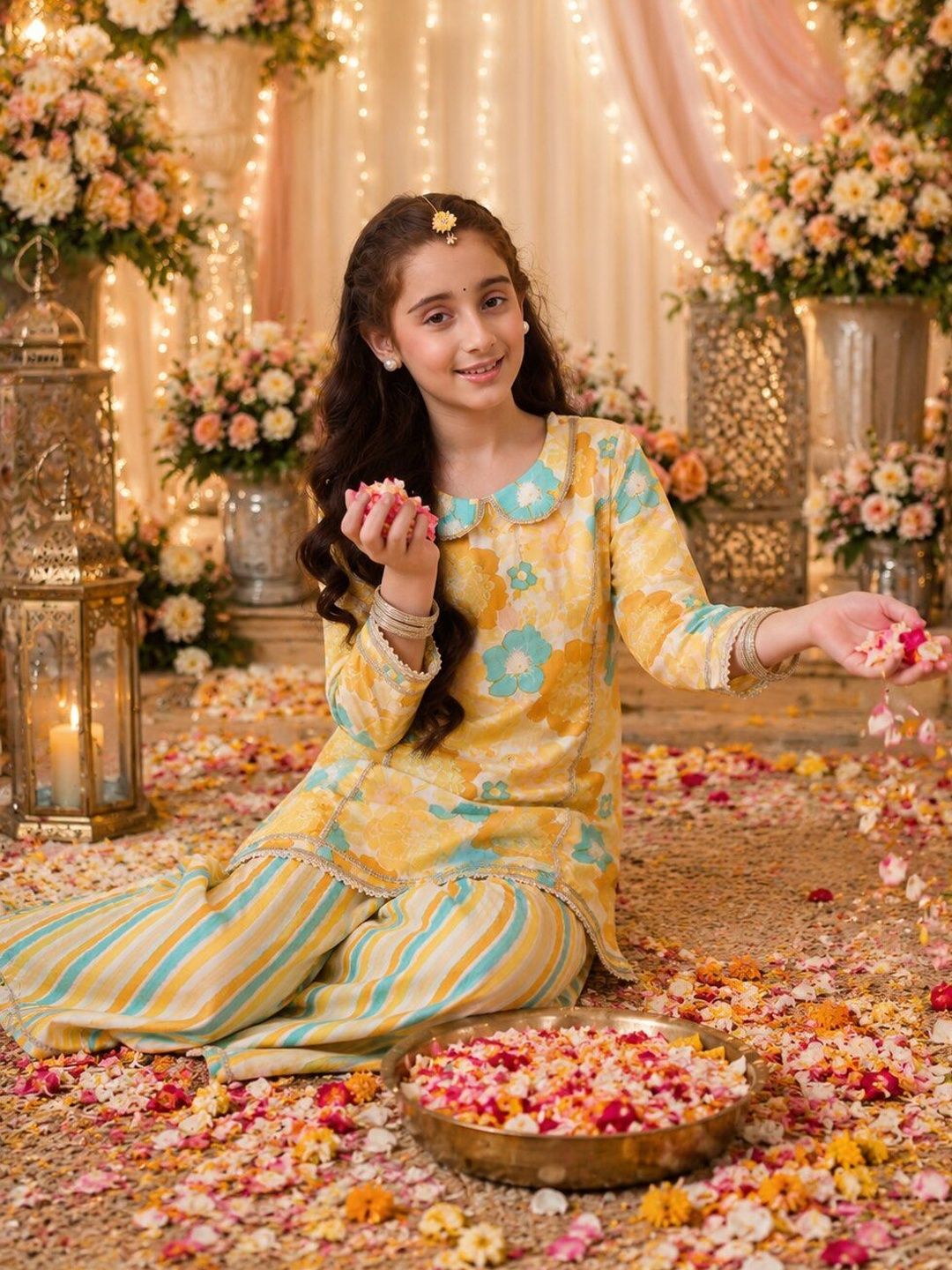 Indi Loom Couture Girls Yellow Floral Printed Kurta with Striped Palazzo Set ILKS76