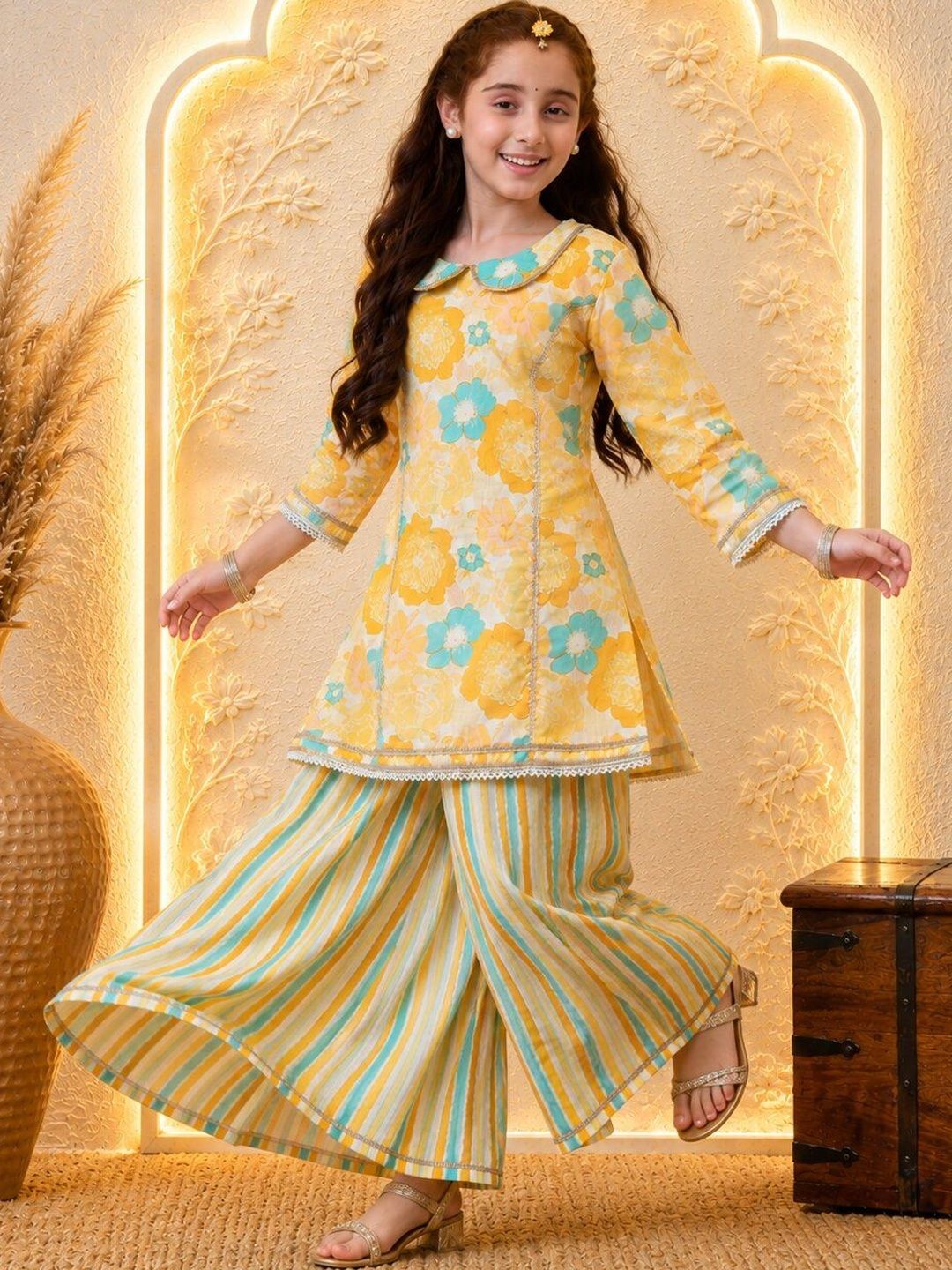 Indi Loom Couture Girls Yellow Floral Printed Kurta with Striped Palazzo Set ILKS76