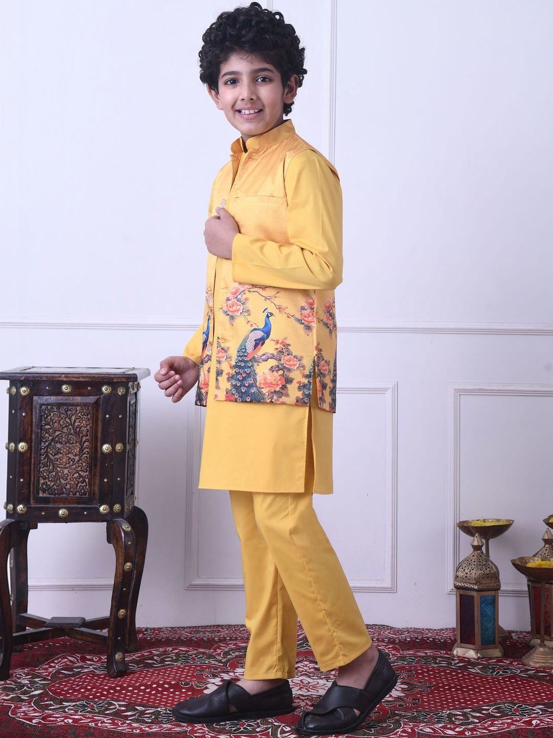 Indi Loom Couture Boys Mustard Yellow Printed Kurta Jacket with Pyjama Set ILBKSJ10