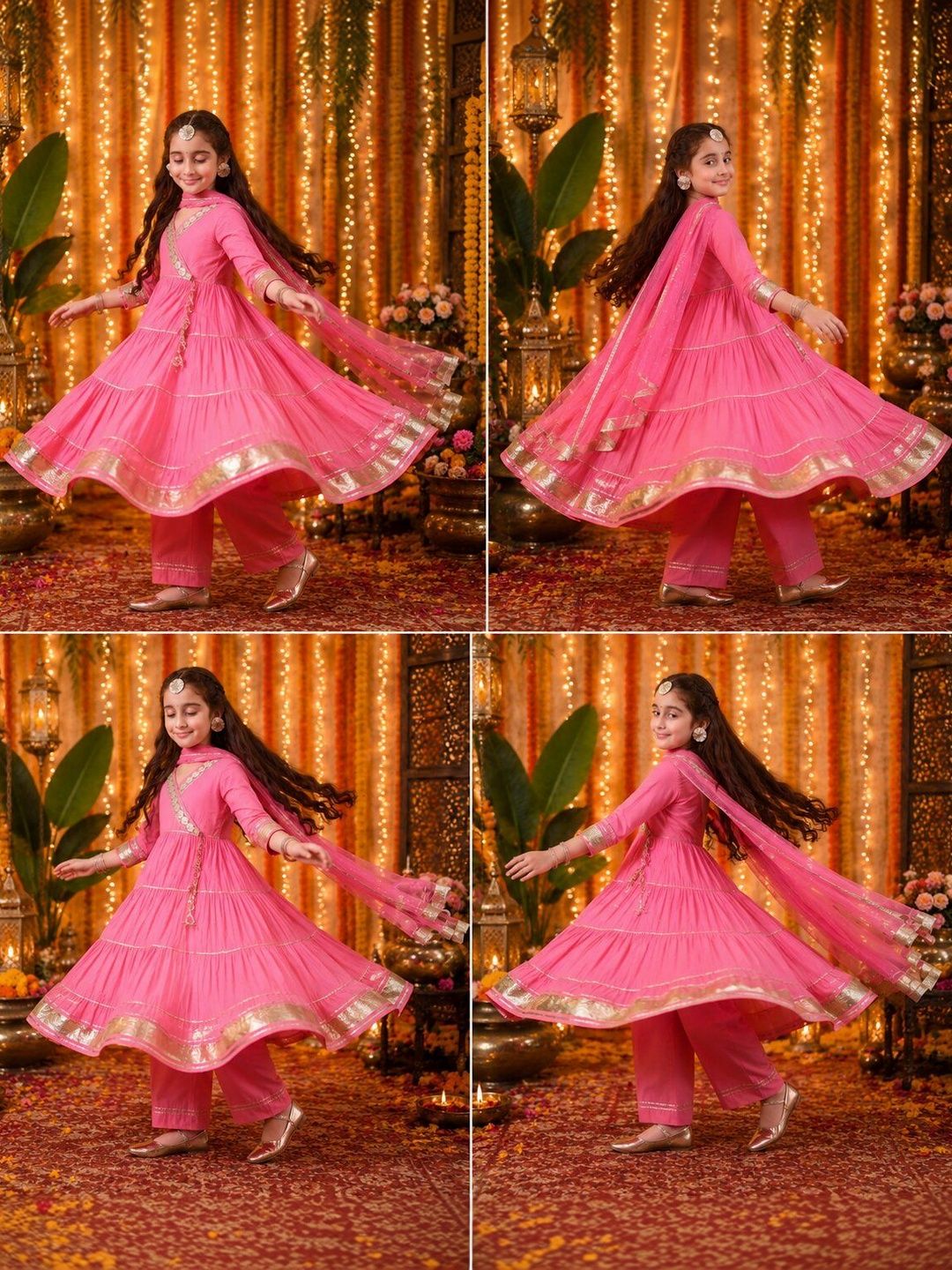 Girls Pink Tiered Anarkali Kurta Set with Dupatta ILKSD72