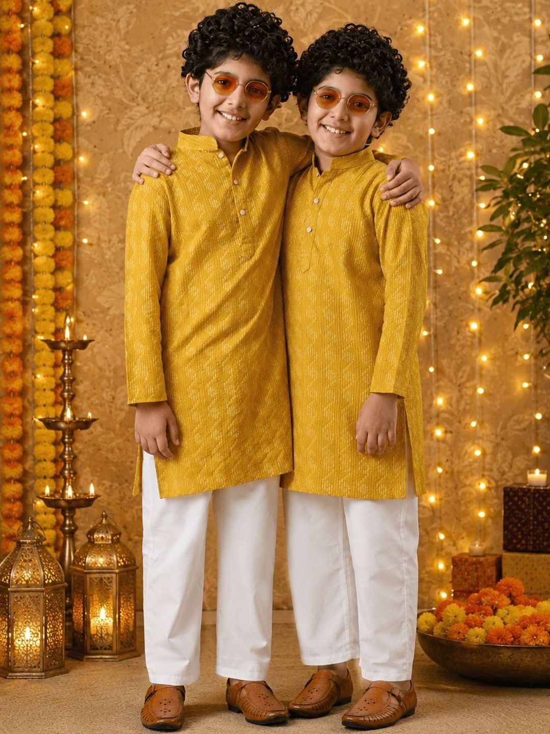 Indi Loom Couture Boys Mustard Yellow Self Design Ethnic Kurta with White Pajama Set ILBKS32