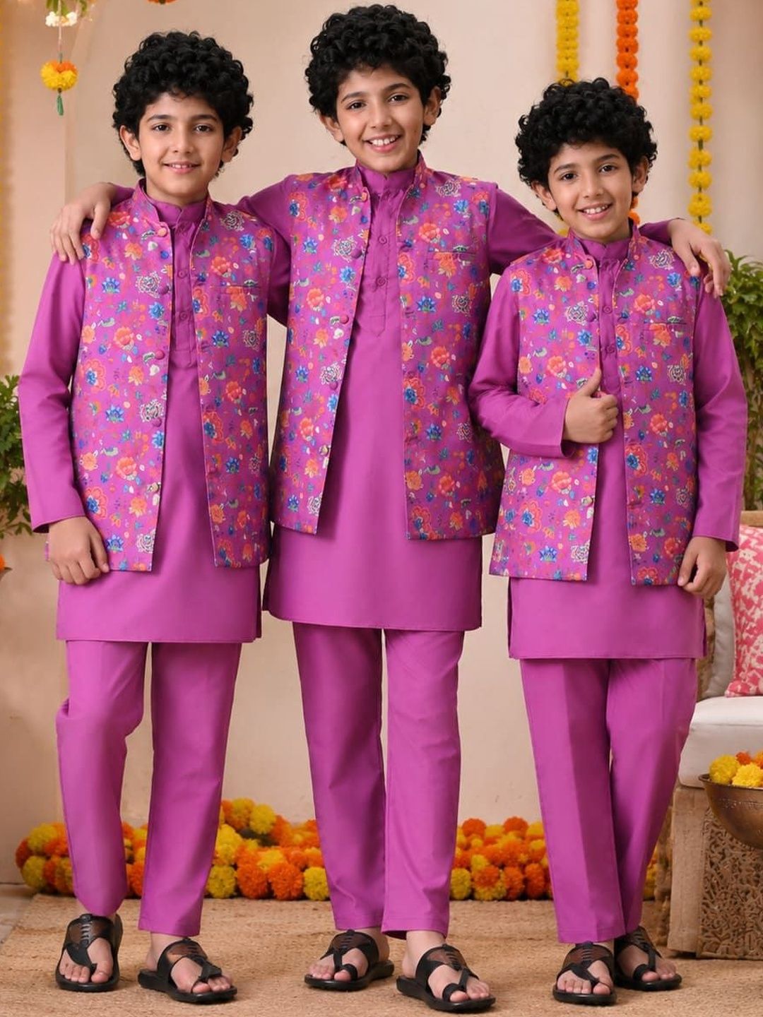 Indi Loom Couture Boys Purple Kurta with Floral Printed Jacket & Pyjama Set ILBKSJ20