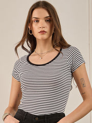 Black & White Striped Rib Short Sleeves Top