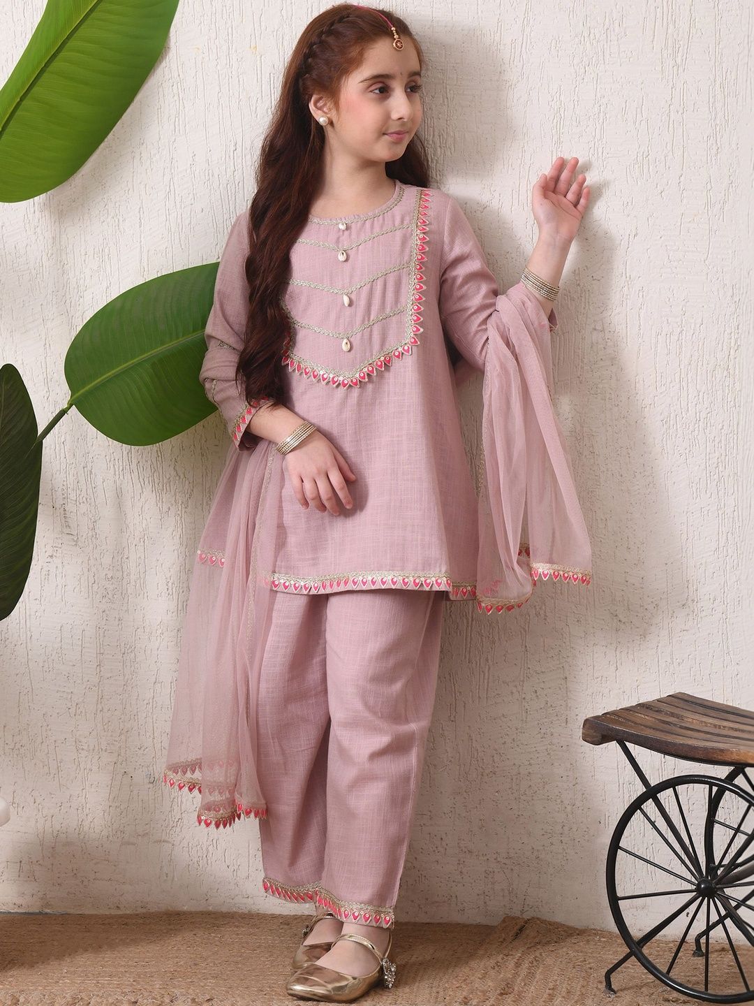 Girls Pink Embellished Kurta Palazzo Set with Dupatta ILKSD66
