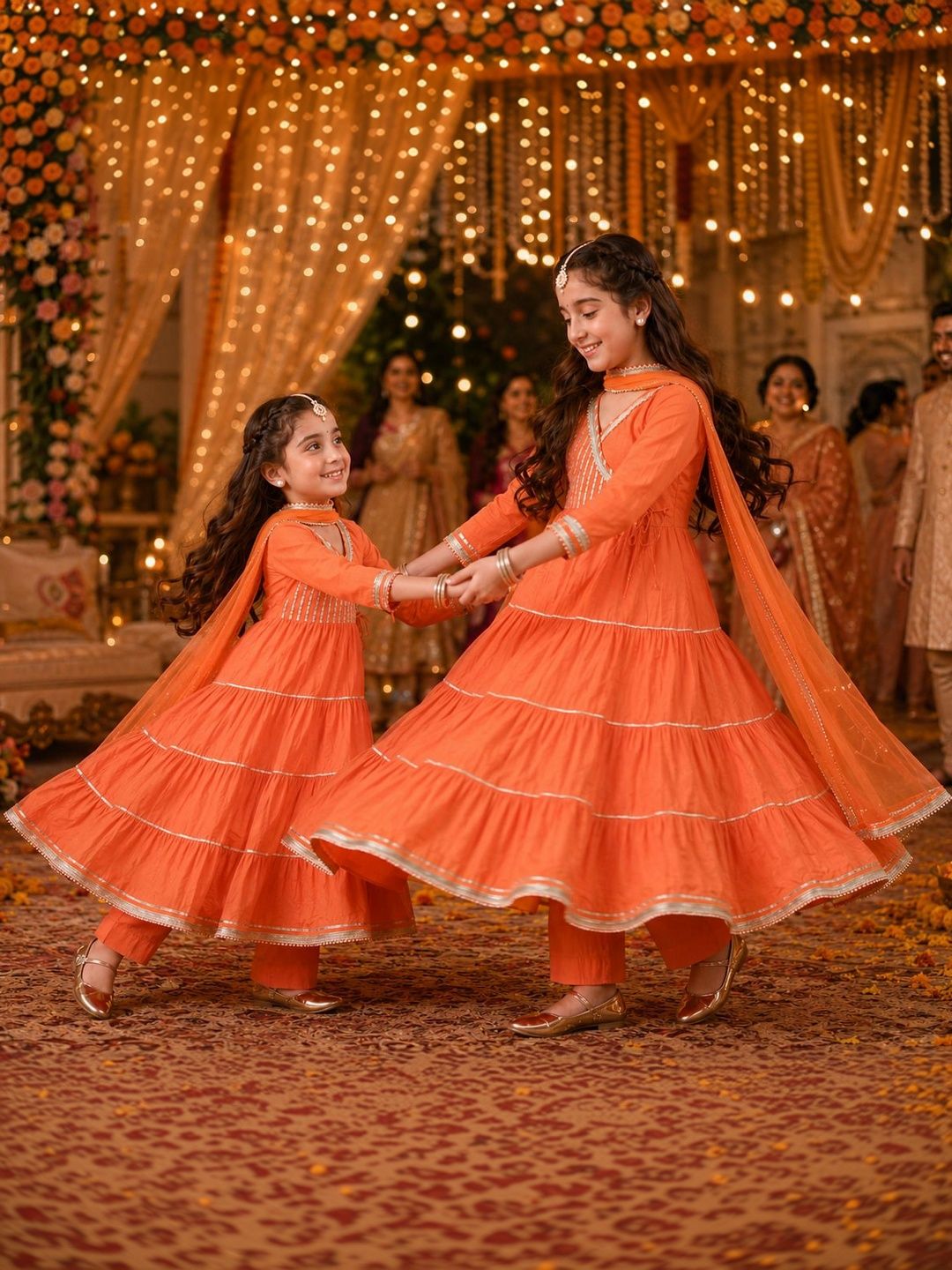 Girls Orange Angrakha Style Kurta Set with Pants & Dupatta ILKSD69