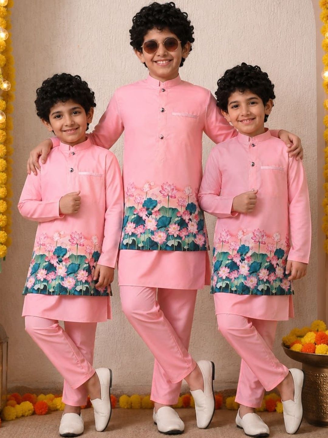 Indi Loom Couture Boys Pink Kurta Pyjama With Printed Jacket Set ILBKSJ09