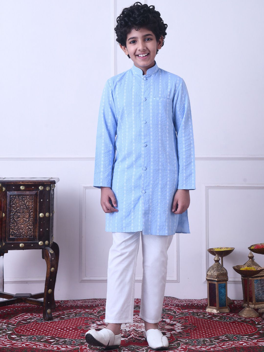Indi Loom Couture Boys Blue Striped Ethnic Kurta with White Pajama Set ILBKS14