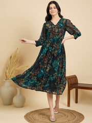Zummer Blue Floral Belted Tiered Midi Dress
