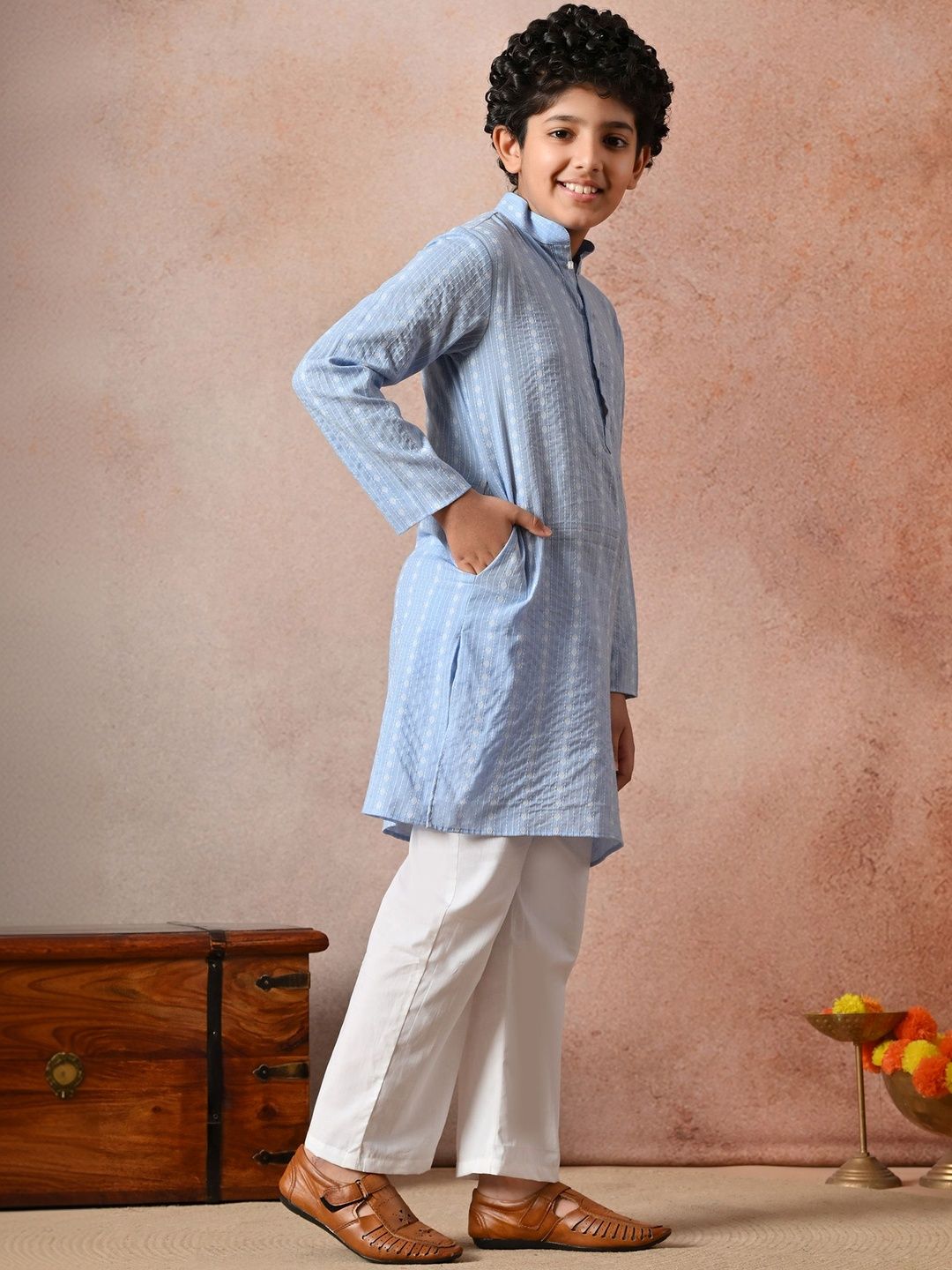 Indi Loom Couture Boys Blue Striped Ethnic Kurta with White Pajama Set ILBKS30