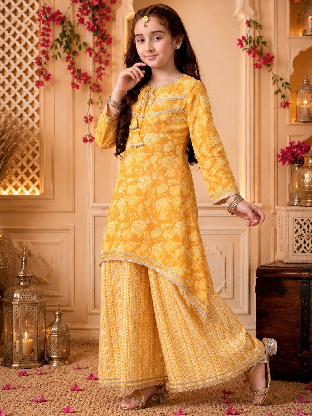 Indi Loom Couture Girls Yellow Floral Printed Kurta with Sharara Set ILKS77