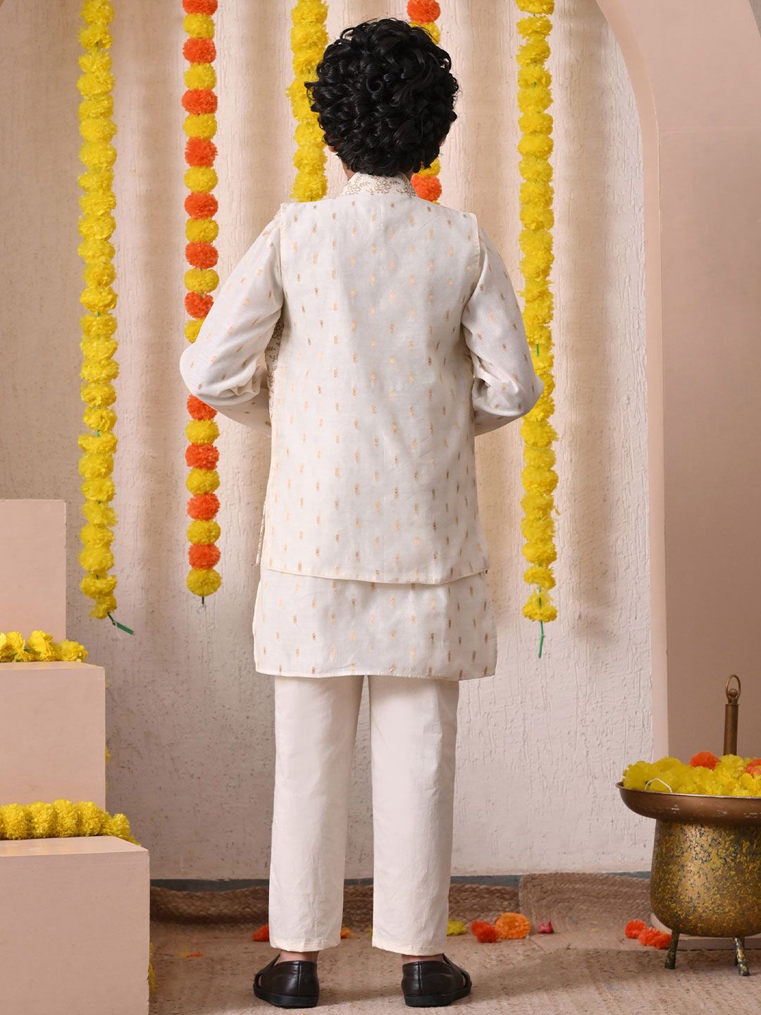 Indi Loom Couture Boys Off White Chanderi Booti Kurta with Embroidered Jacket & Pyjama Set ILBKSJ02