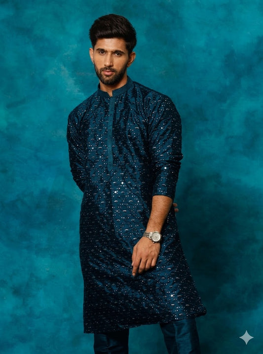 Vastramay - Men's Navy Blue Silk Blend Kurta Only