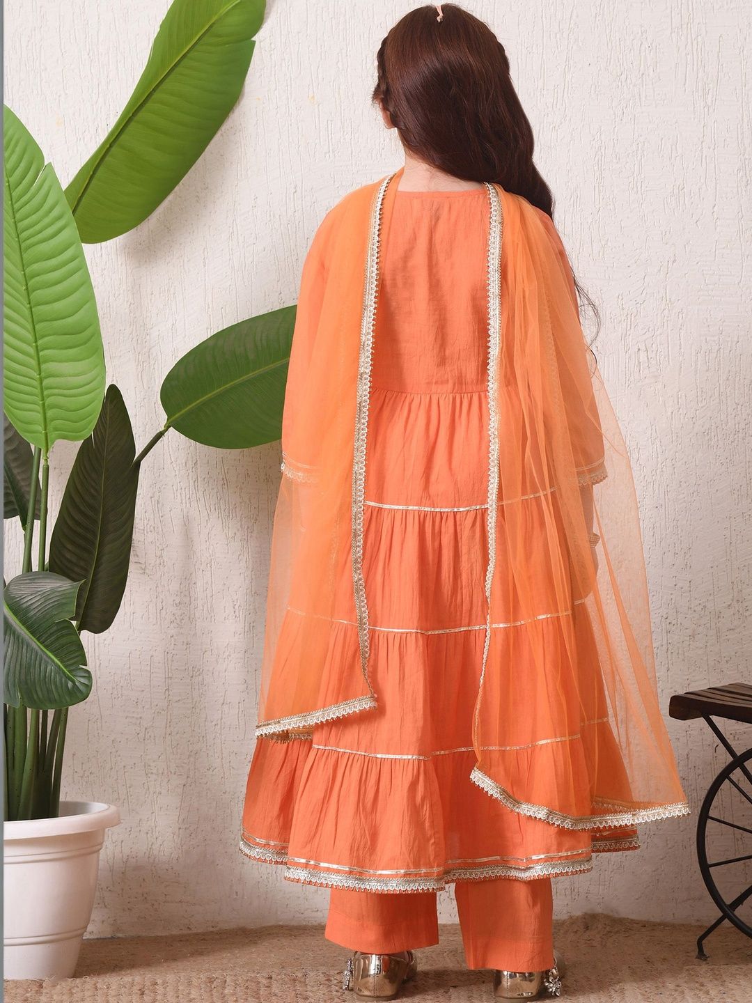 Girls Orange Angrakha Style Kurta Set with Pants & Dupatta ILKSD69
