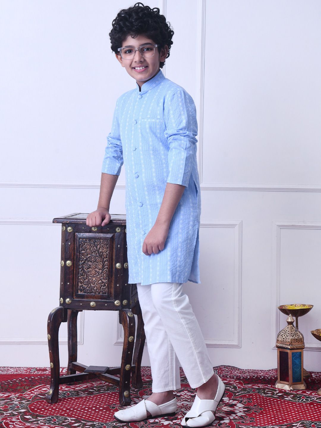 Indi Loom Couture Boys Blue Striped Ethnic Kurta with White Pajama Set ILBKS14