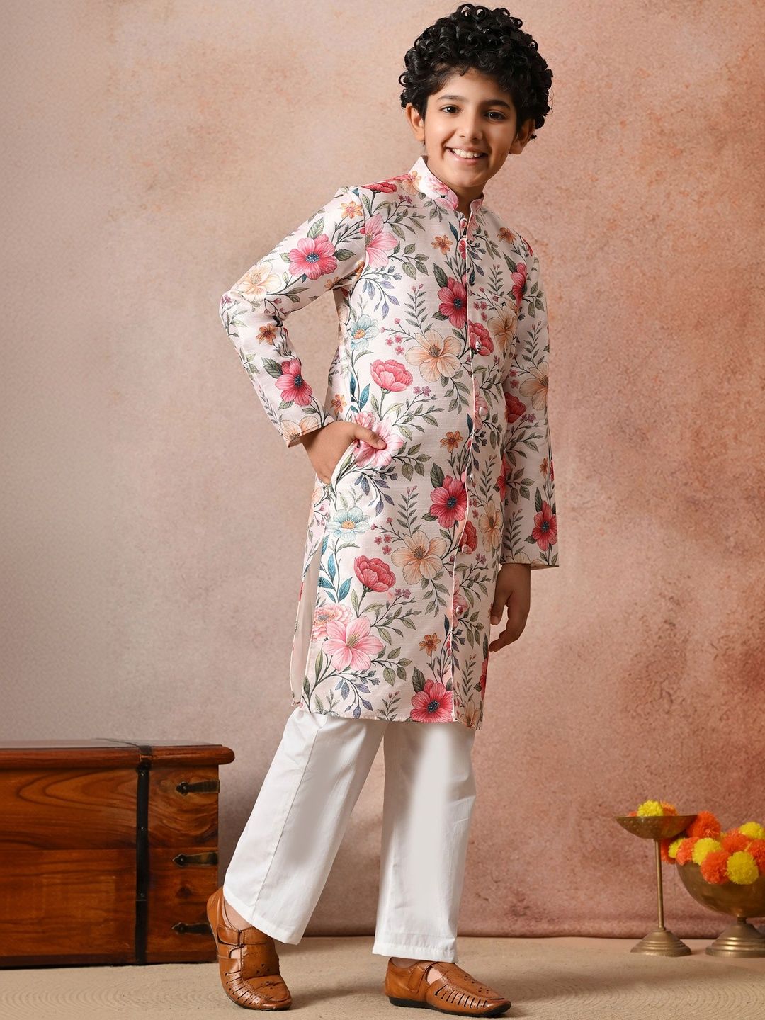 Indi Loom Couture Boys Cream Floral Printed Ethnic Kurta with White Pajama Set ILBKS31