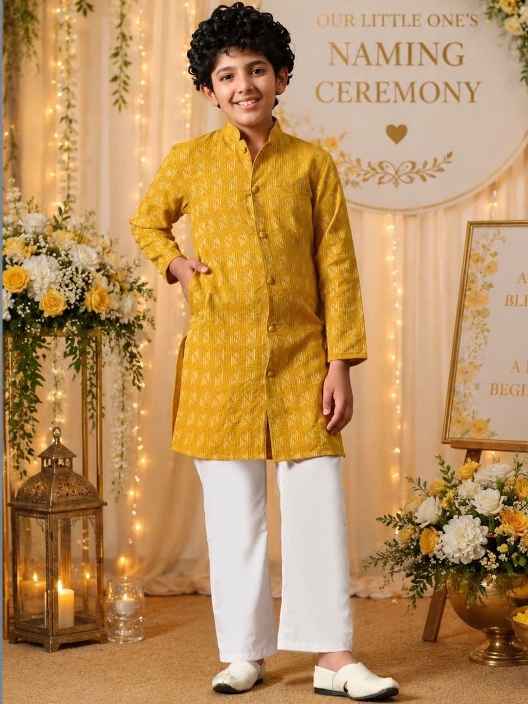 Indi Loom Couture Boys Mustard Yellow Self Design Kurta with Pyjama Set ILBKS35