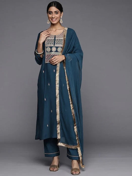 Varanga - Women Teal Ethnic Motifs Embroidered Kurta With Trousers With Dupatta