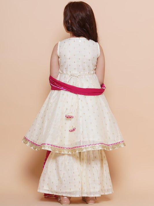 Silk blend Woven Sleeveless Woven Design Flared Kurta And Sharara With Dupatta Set - Offwhite