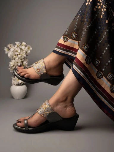 Shoetopia-Embroidered Ethnic Grey Kolhapuri Wedgess For Women & Girls