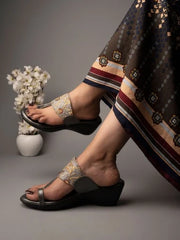 Shoetopia-Embroidered Ethnic Grey Kolhapuri Wedgess For Women & Girls