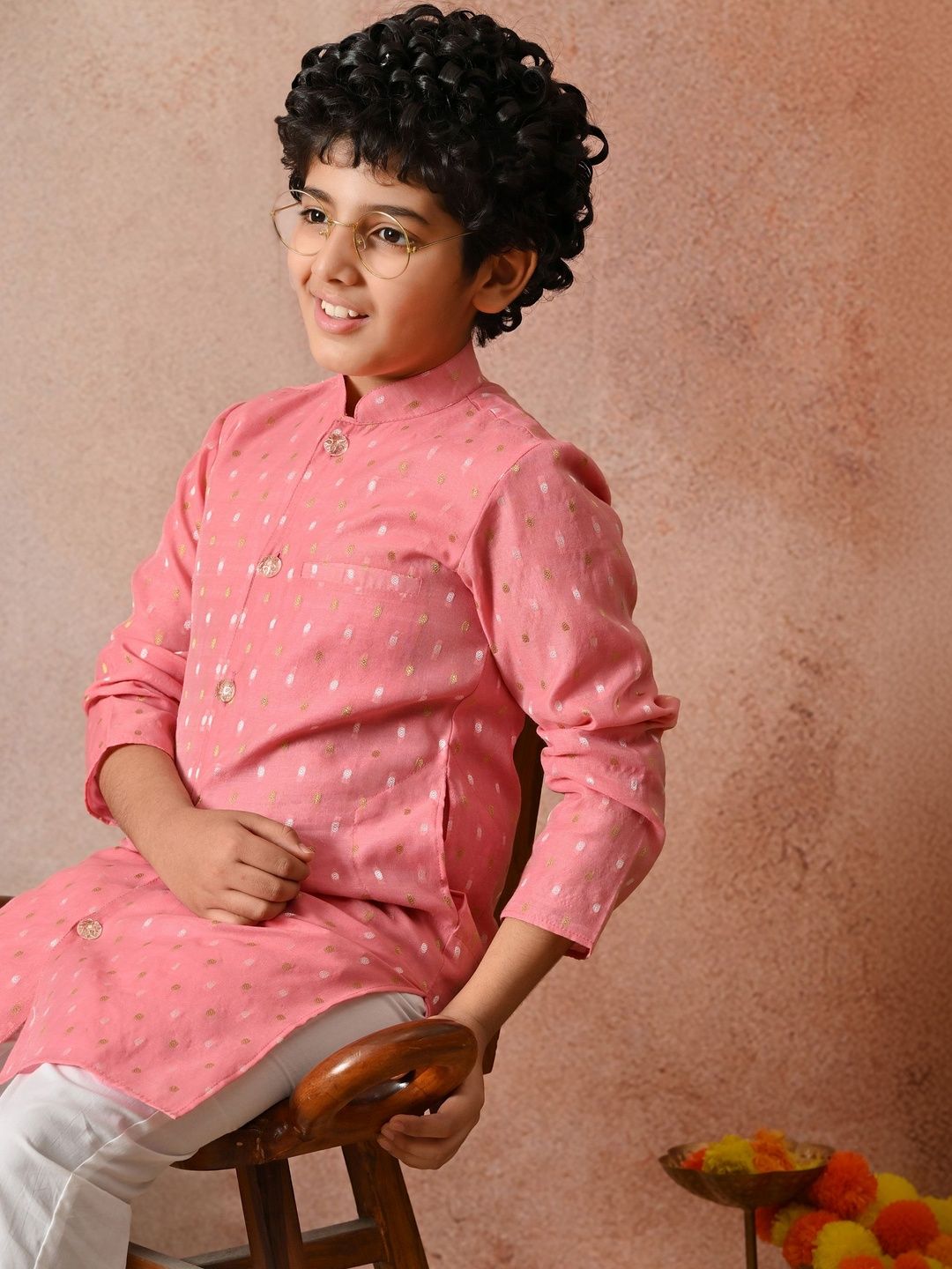 Indi Loom Couture Boys Peach Chanderi Booti Blazer Kurta with Pyjama Set ILBKS36
