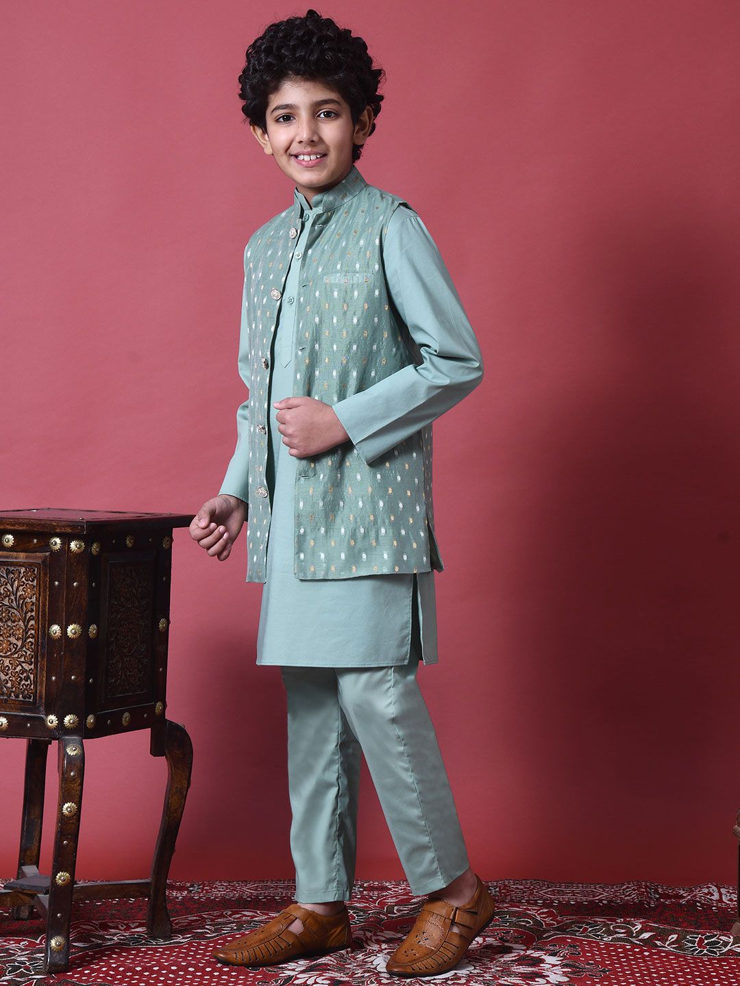 Indi Loom Couture Boys Mint Green Kurta with Chanderi Booti Jacket & Pyjama Set ILBKSJ06