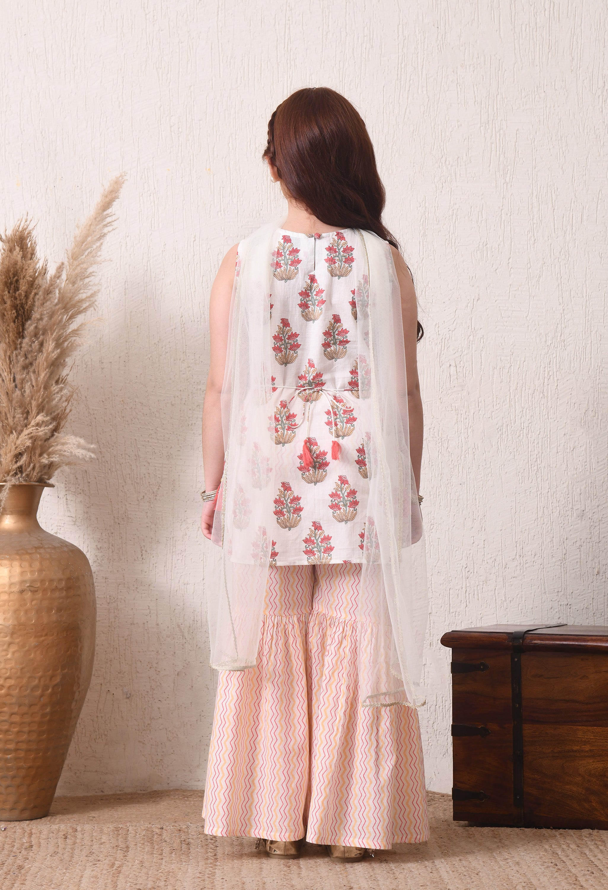 Girls Off White Printed Kurta Sharara Set with Dupatta