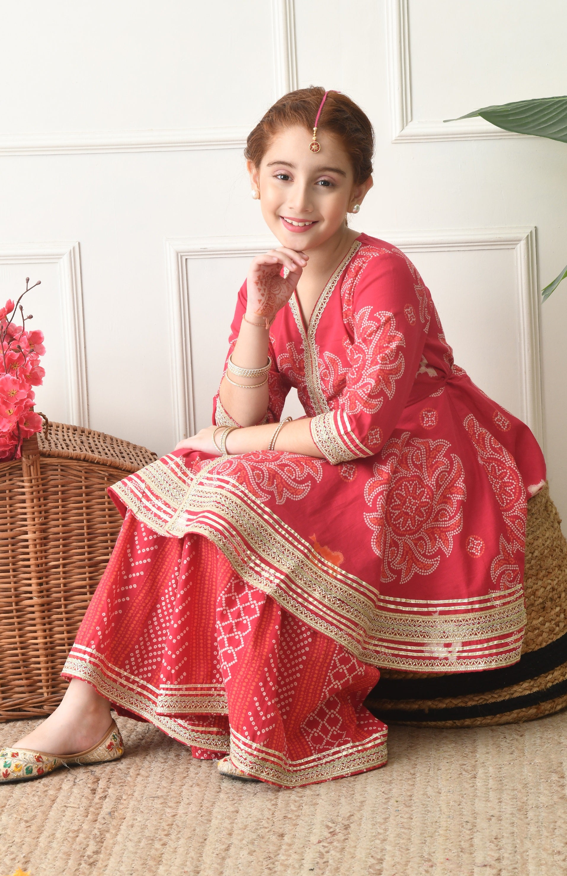 Girls  Magenta Printed Peplum Kurta with Sharara Set 2 Piece Ethnic Ensemble