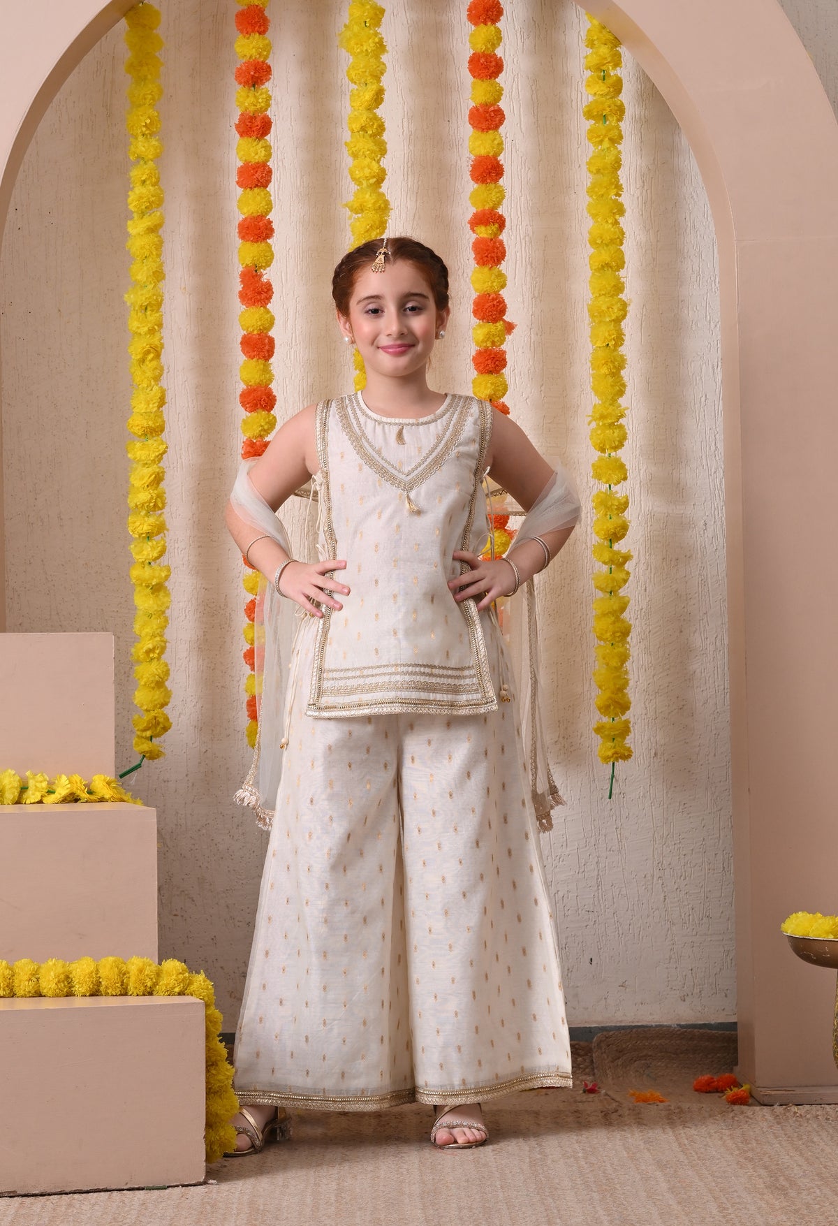 Girls Off White Ethnic Kurta Palazzo Set with Dupatta