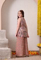 Girls Peach kantha Kurta Sharara set