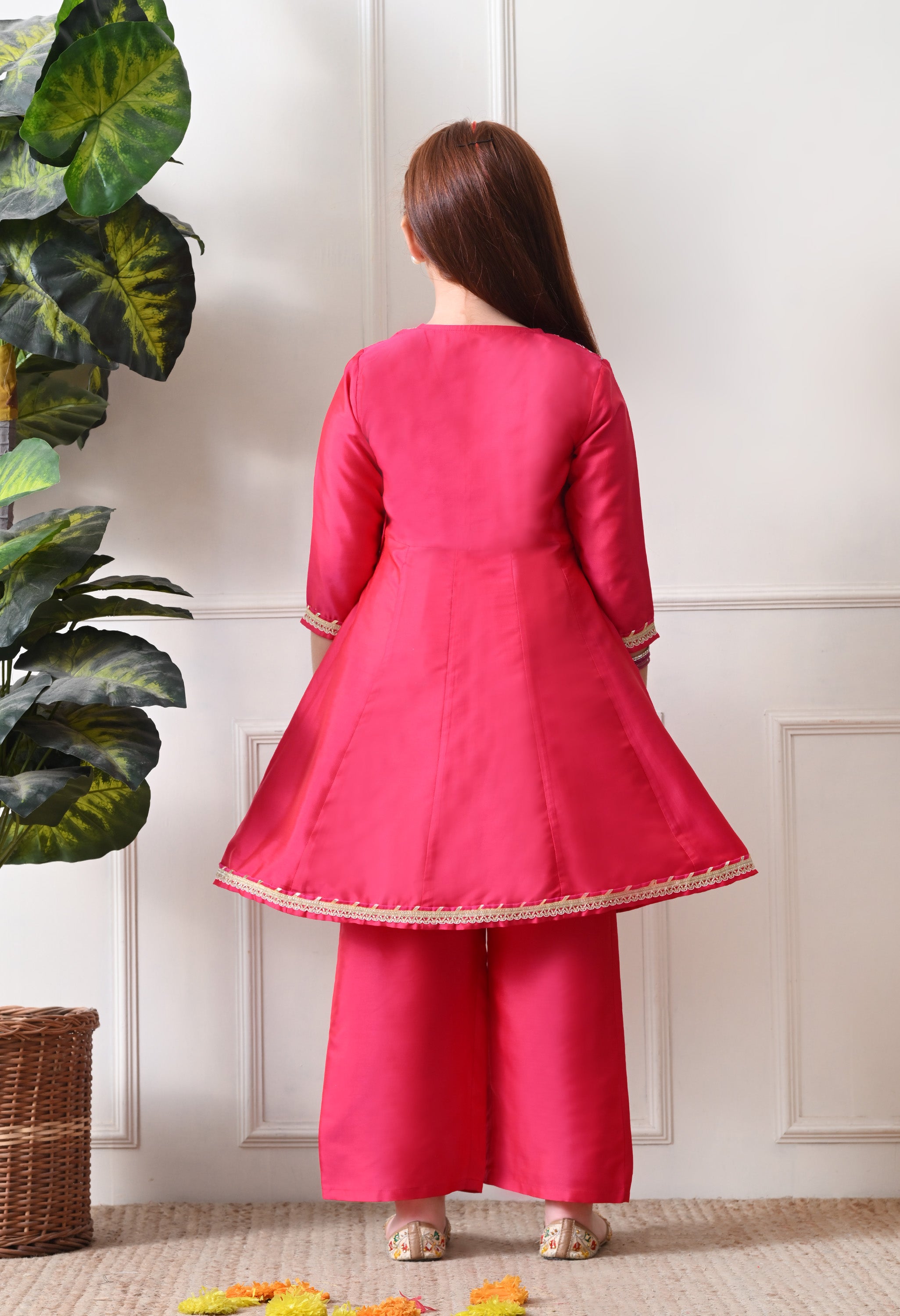 Girl's Pink Angrakha Kurta and Pant Set with Dupatta