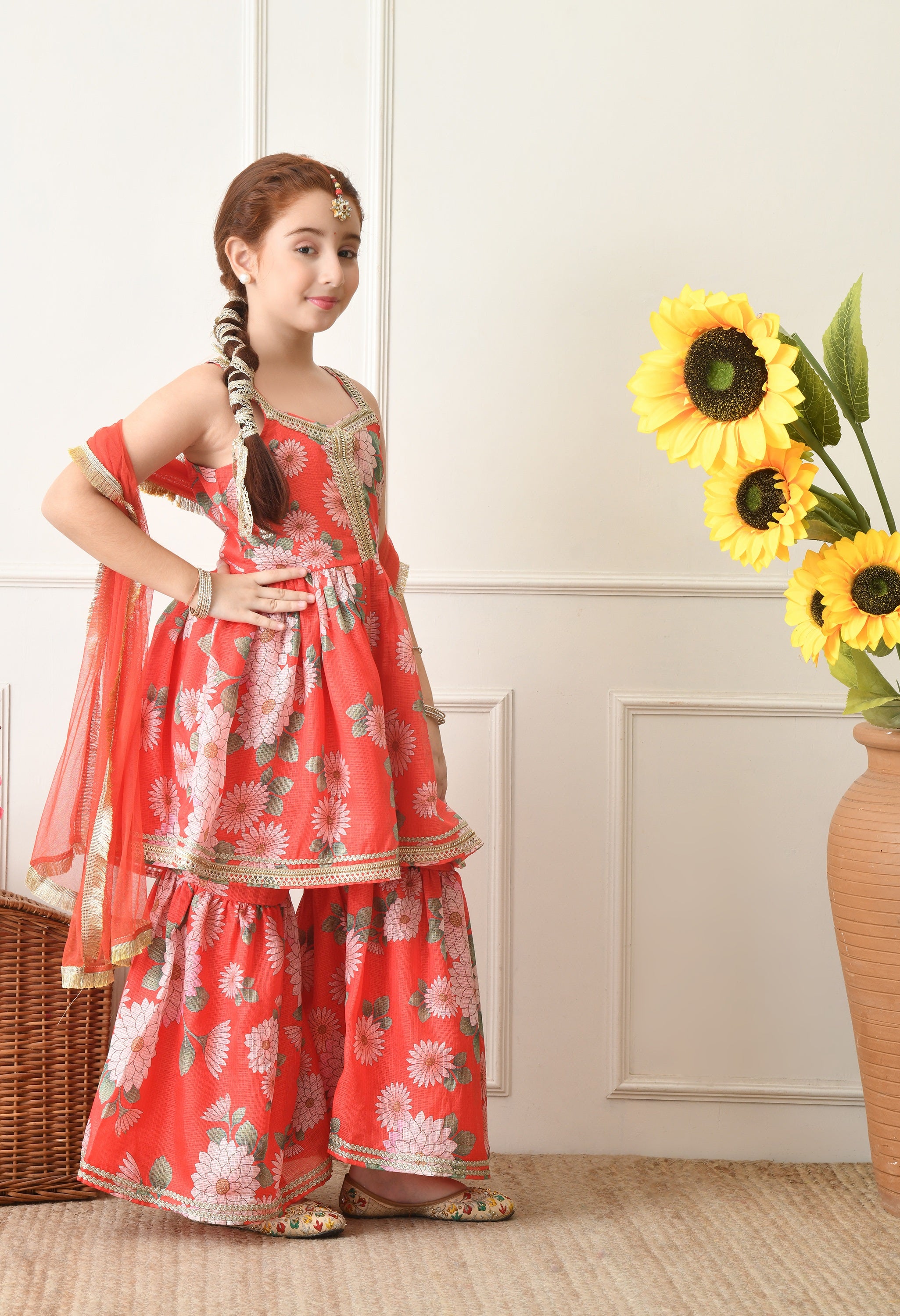 Girl's Red and Pink Floral Printed Sharara Set with Dupatta