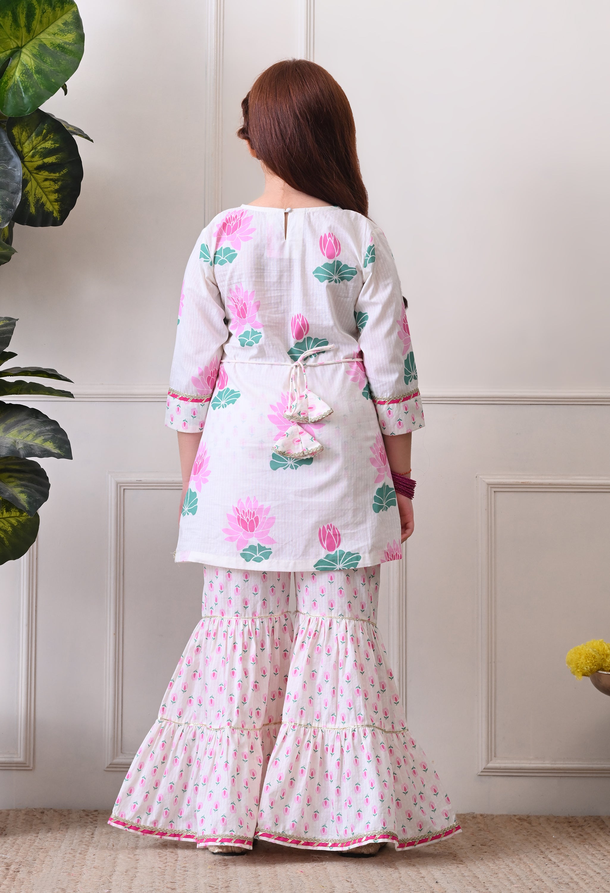 Girl's Floral Printed Kurta Sharara Set Pink Lotus Print.