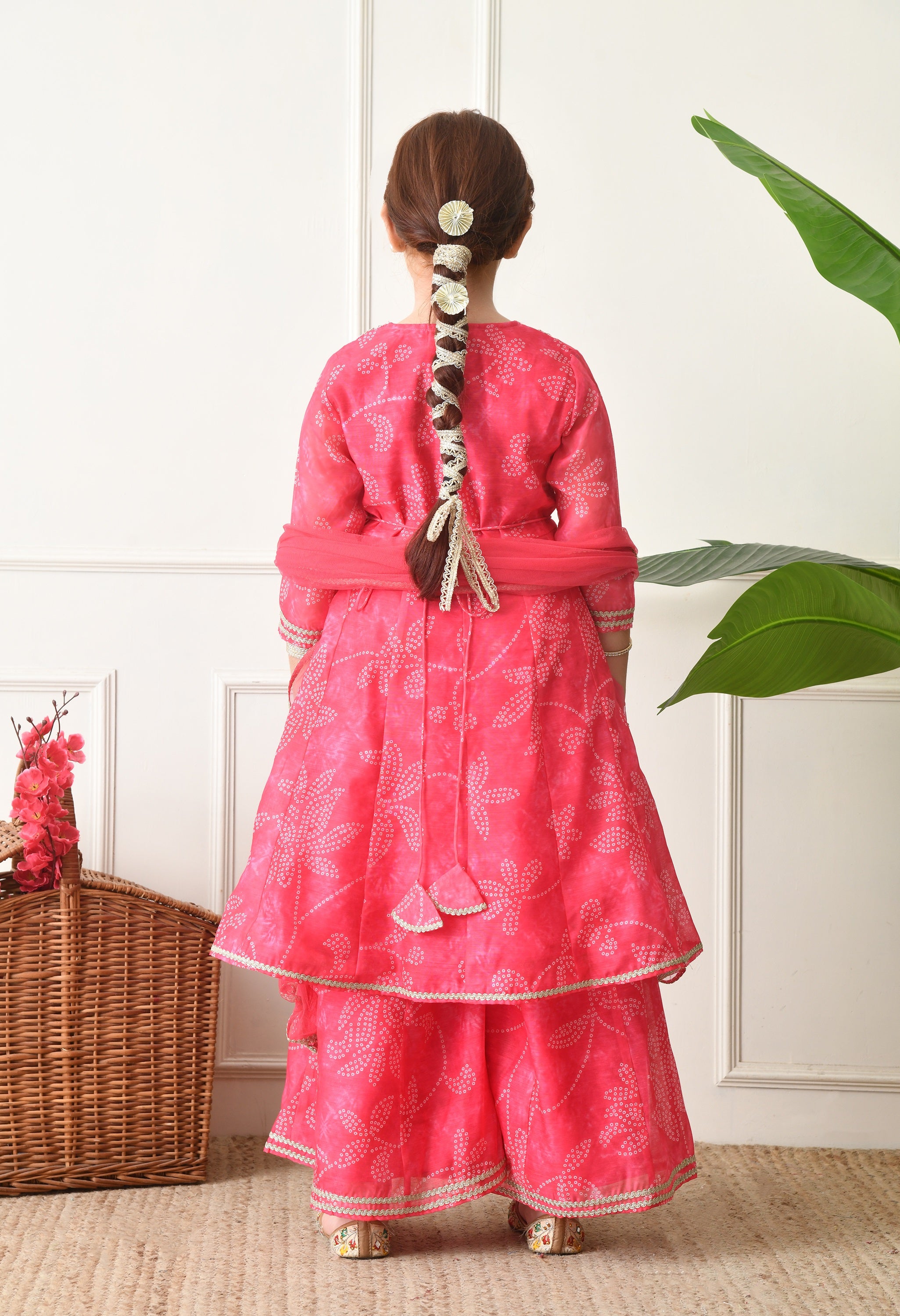 Girls Pink Bandhani Printed Layered Sharara Set with Dupatta