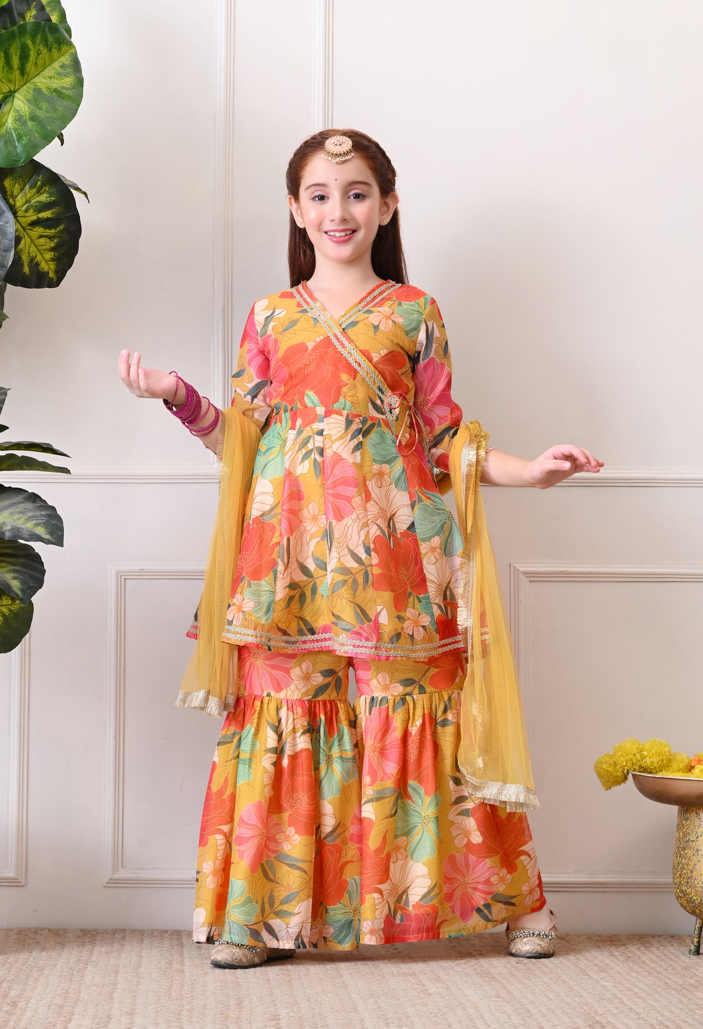 Girl's Yellow Multicolor Floral Printed Angrakha Kurta Sharara Set with Dupatta