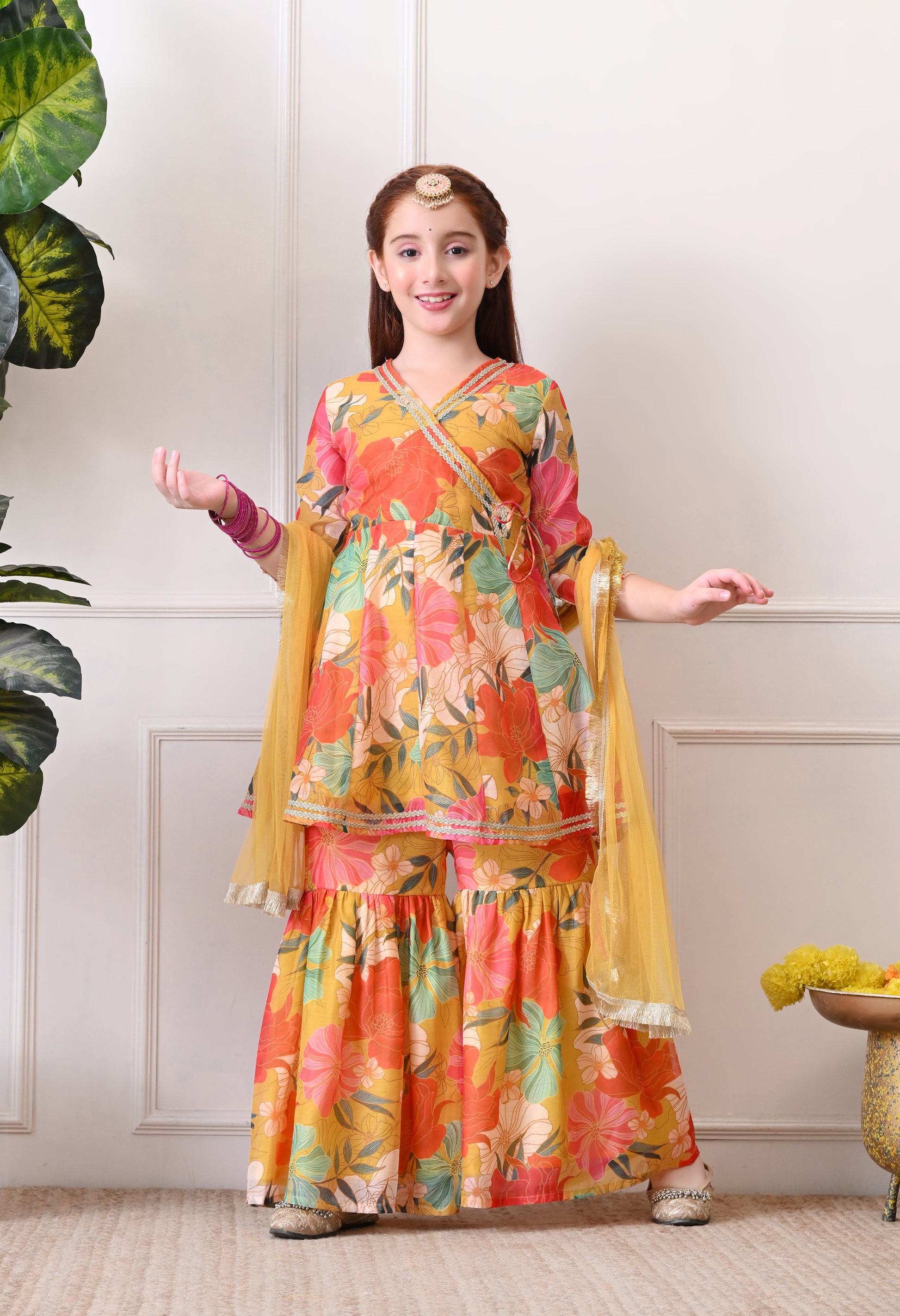 Girl's Yellow Multicolor Floral Printed Angrakha Kurta Sharara Set with Dupatta