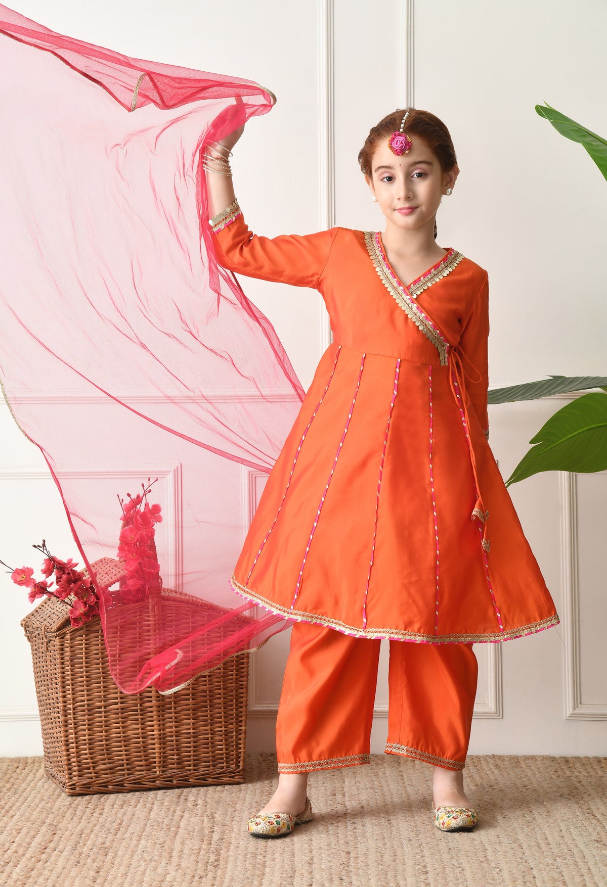 Girls Orange Angrakha Kurta Set with Pink Dupatta Ethnic Wear for Girls