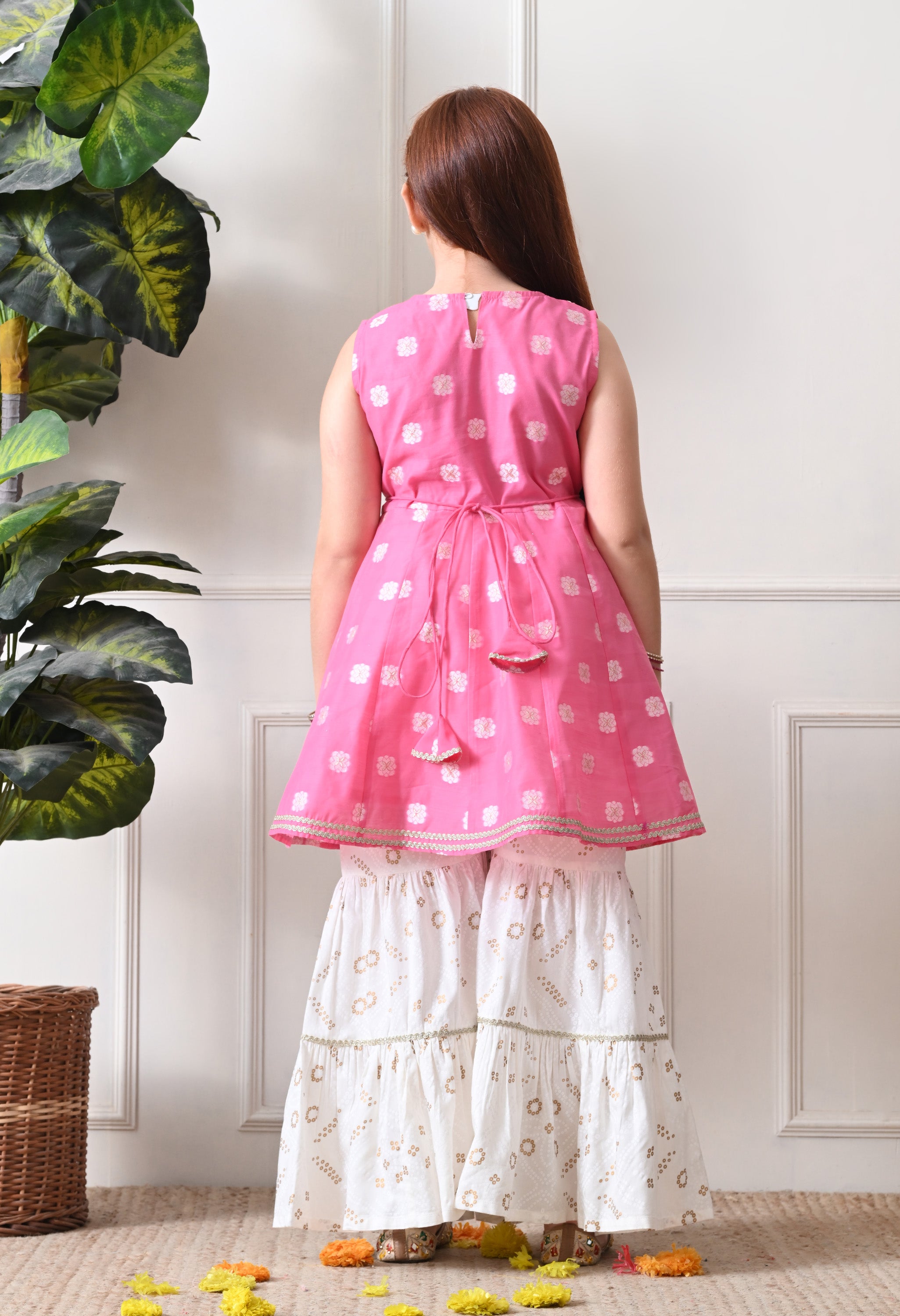 Girls Baby Pink Jacquard Kurta with White Sharara Set