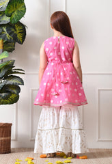 Girls Baby Pink Jacquard Kurta with White Sharara Set
