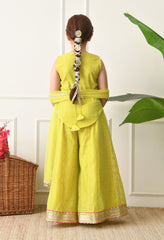 Girls Ethnic Set Pink Sleeveless Kurti with Lime Yellow Sharara & Dupatta