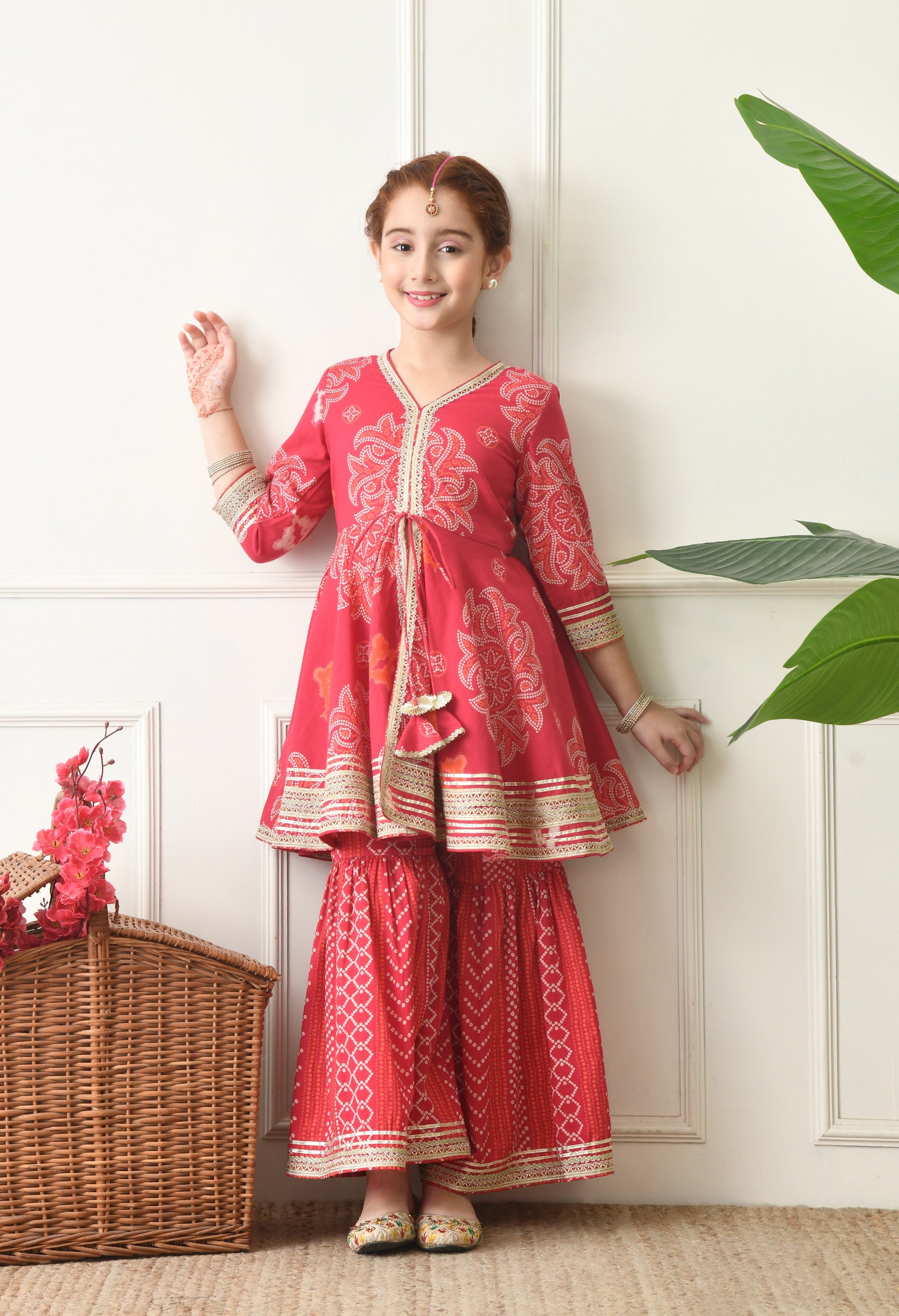Girls  Magenta Printed Peplum Kurta with Sharara Set 2 Piece Ethnic Ensemble