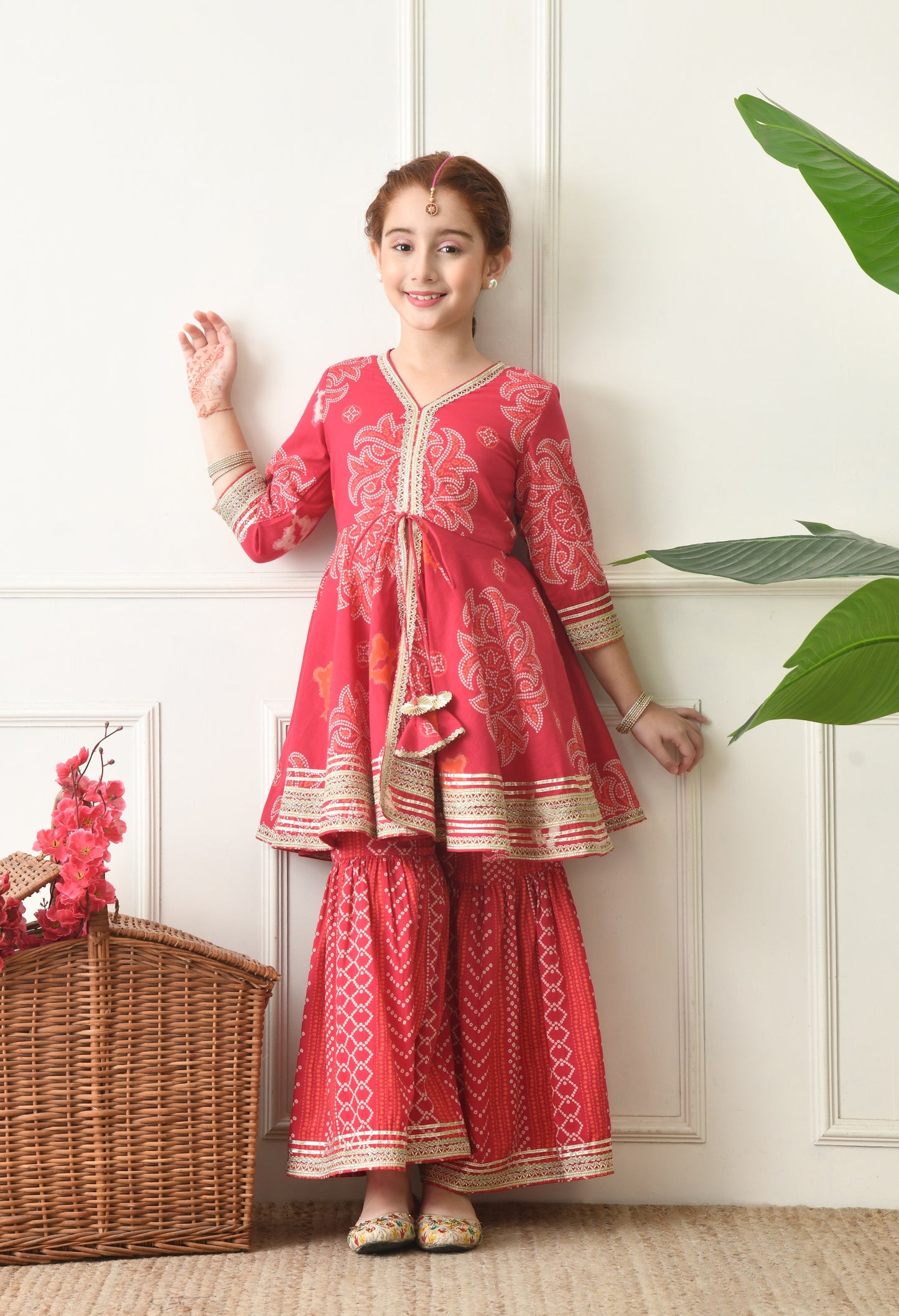 Girls  Magenta Printed Peplum Kurta with Sharara Set 2 Piece Ethnic Ensemble