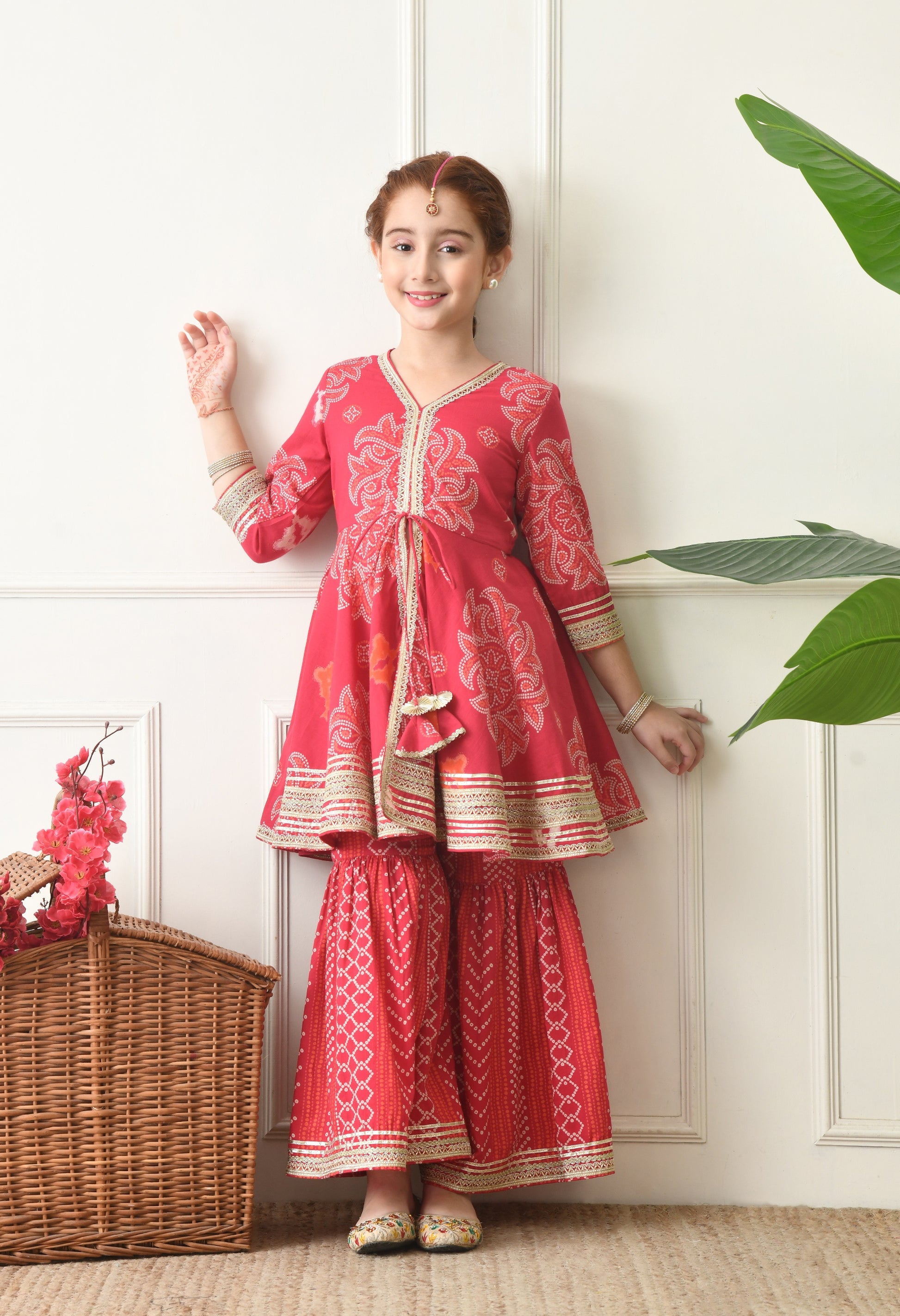 Girls  Magenta Printed Peplum Kurta with Sharara Set 2 Piece Ethnic Ensemble