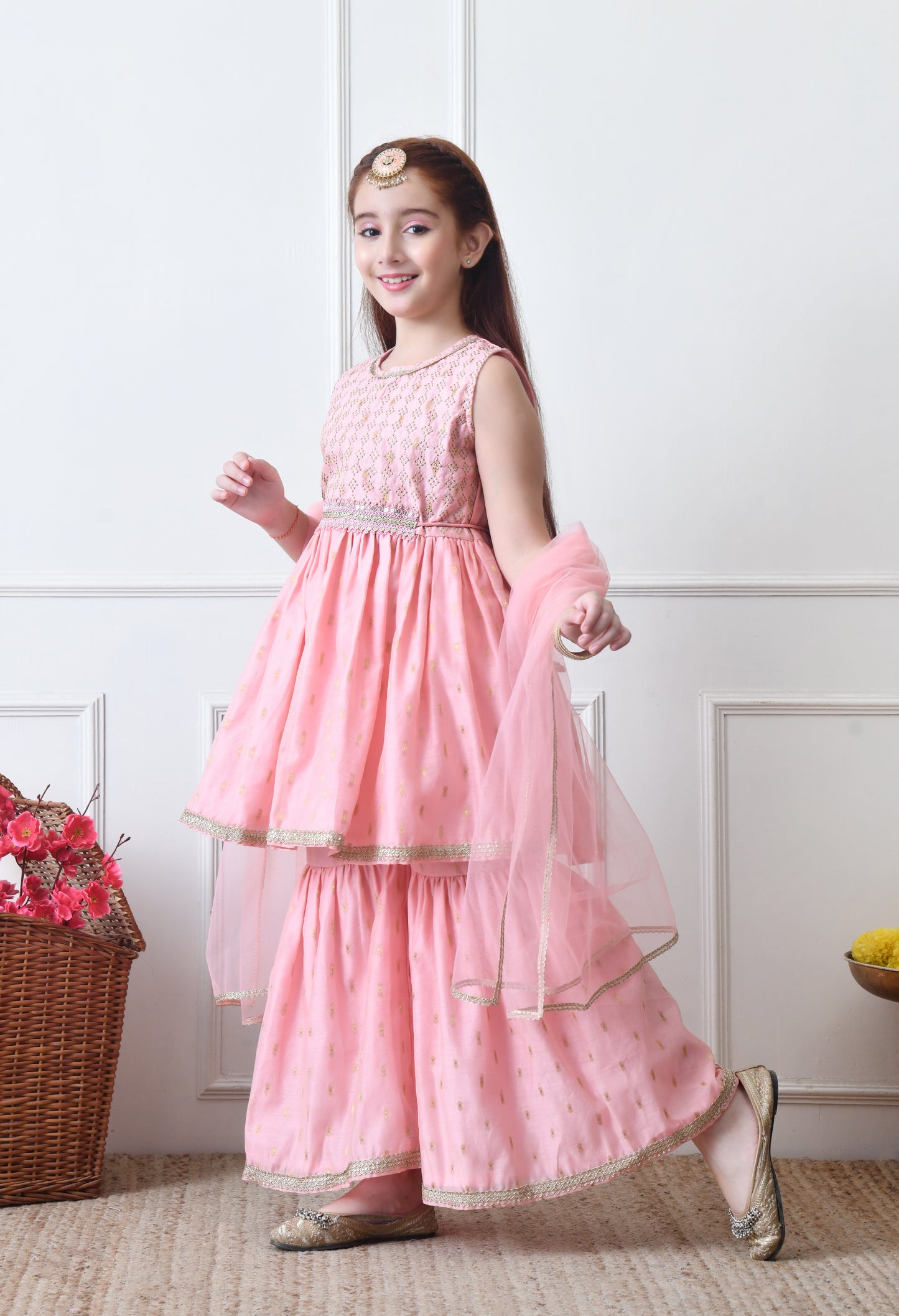 Girls Elegant Peach Pink Gota Work Kurta Sharara Set with Dupatta