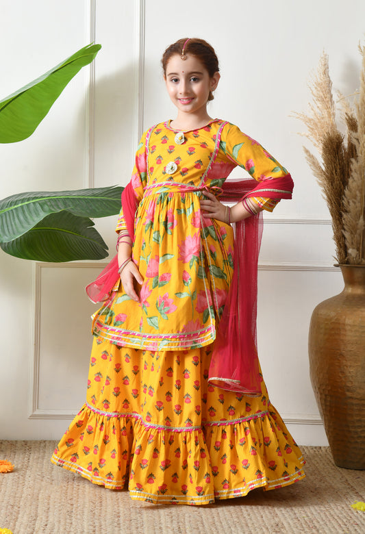 Girl's Yellow Floral Printed Kurta Skirt  Set with Dupatta Festive Ethnic Wear