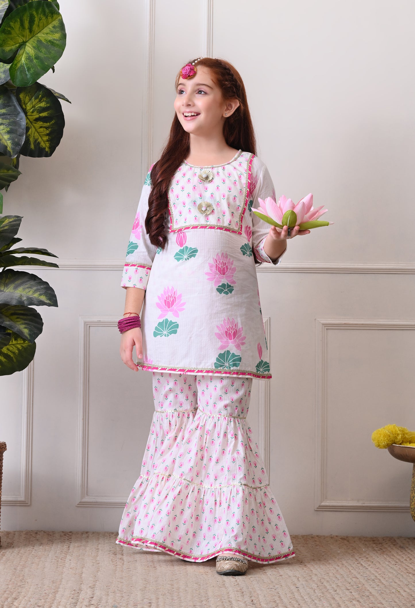 Girl's Floral Printed Kurta Sharara Set Pink Lotus Print.