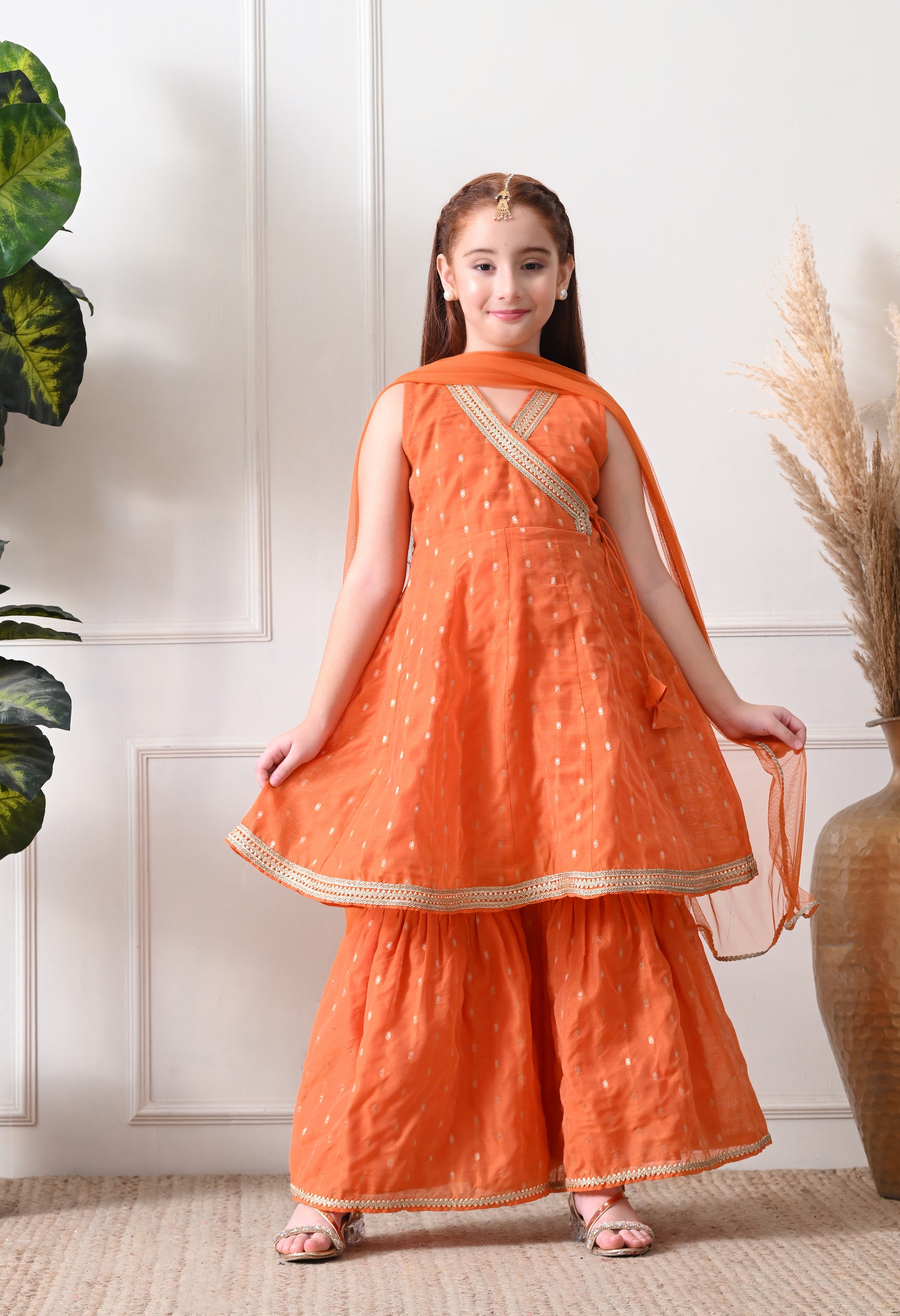 Girl's Orange Sleeveless Kurta Sharara Set with Dupatta