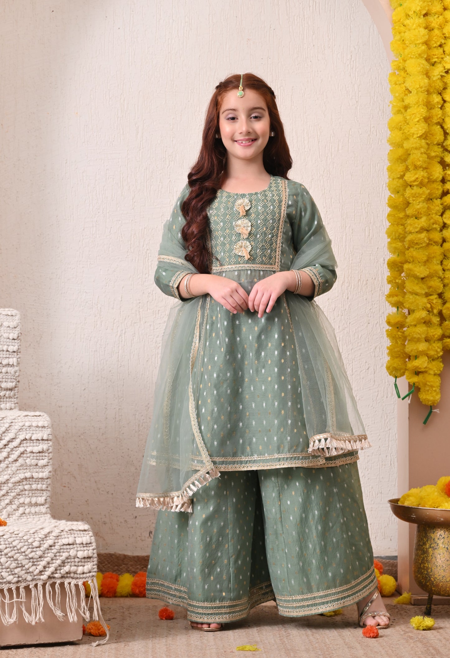 Girls Green Kurta Sharara Set with Dupatta