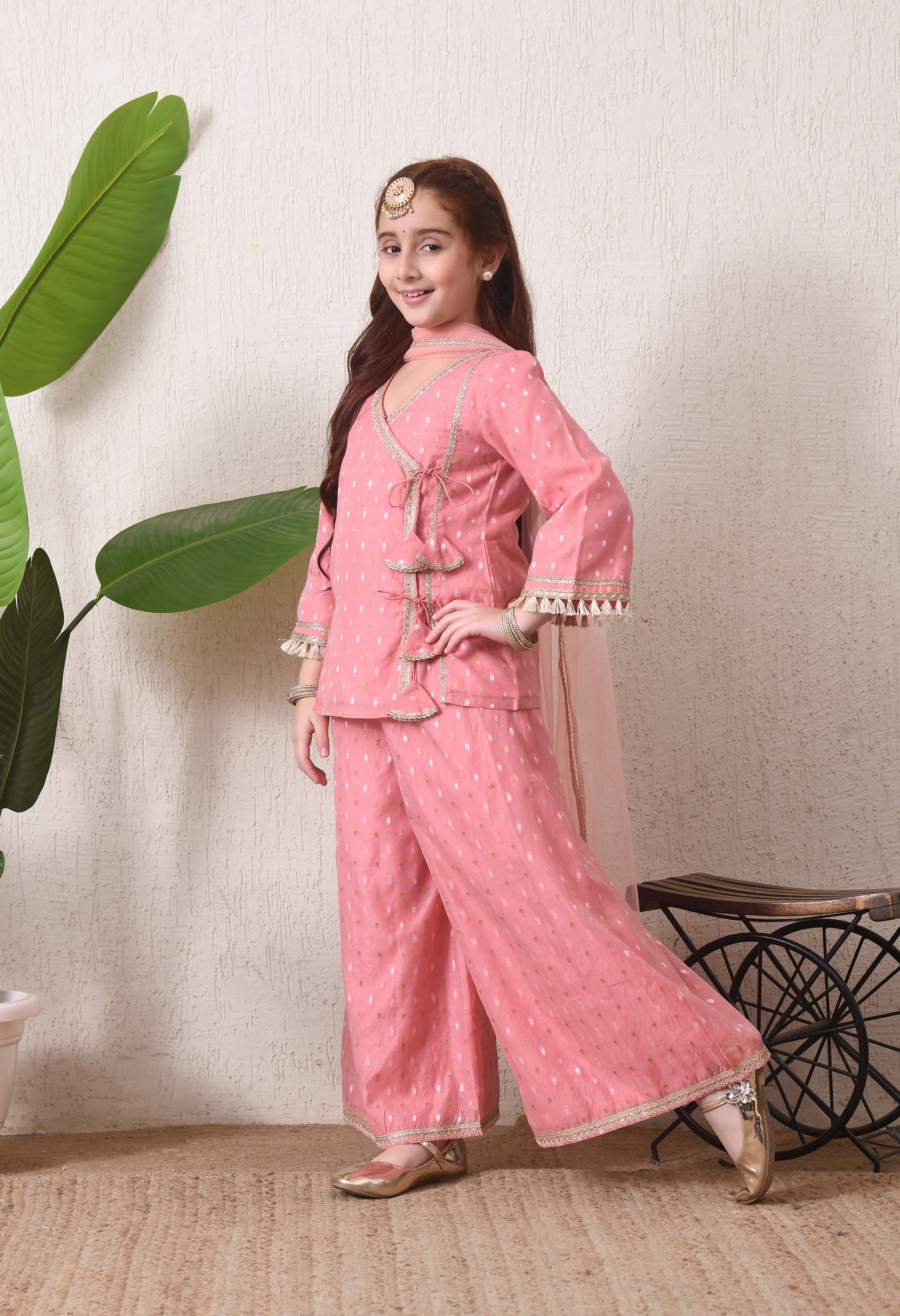 Girls Pink Festive Kurta & Palazzo Set with Dupatta
